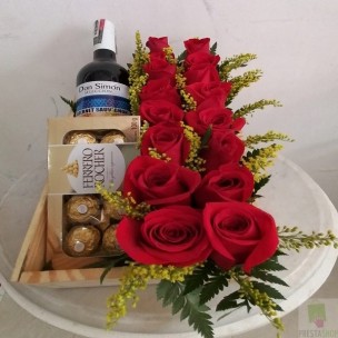 Box of wine roses and chocolates
